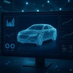 A digital screen displaying a holographic representation of a car with analytical graphs in the background.