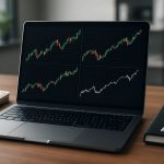 Close-up of a laptop screen displaying multiple trading graphs on a wooden desk