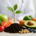 A small plant growing from soil surrounded by various fresh vegetables and fruits