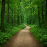 A winding path through a lush green forest